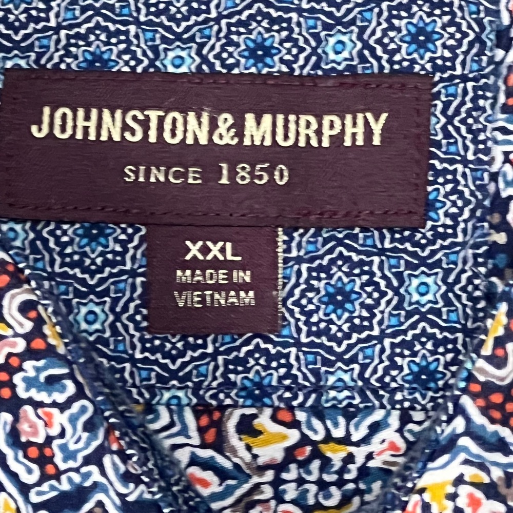 Johnston & Murphy Button Down Mens XXL Navy Blue Excellent Floral Medallion S/S - Picture 2 of 4